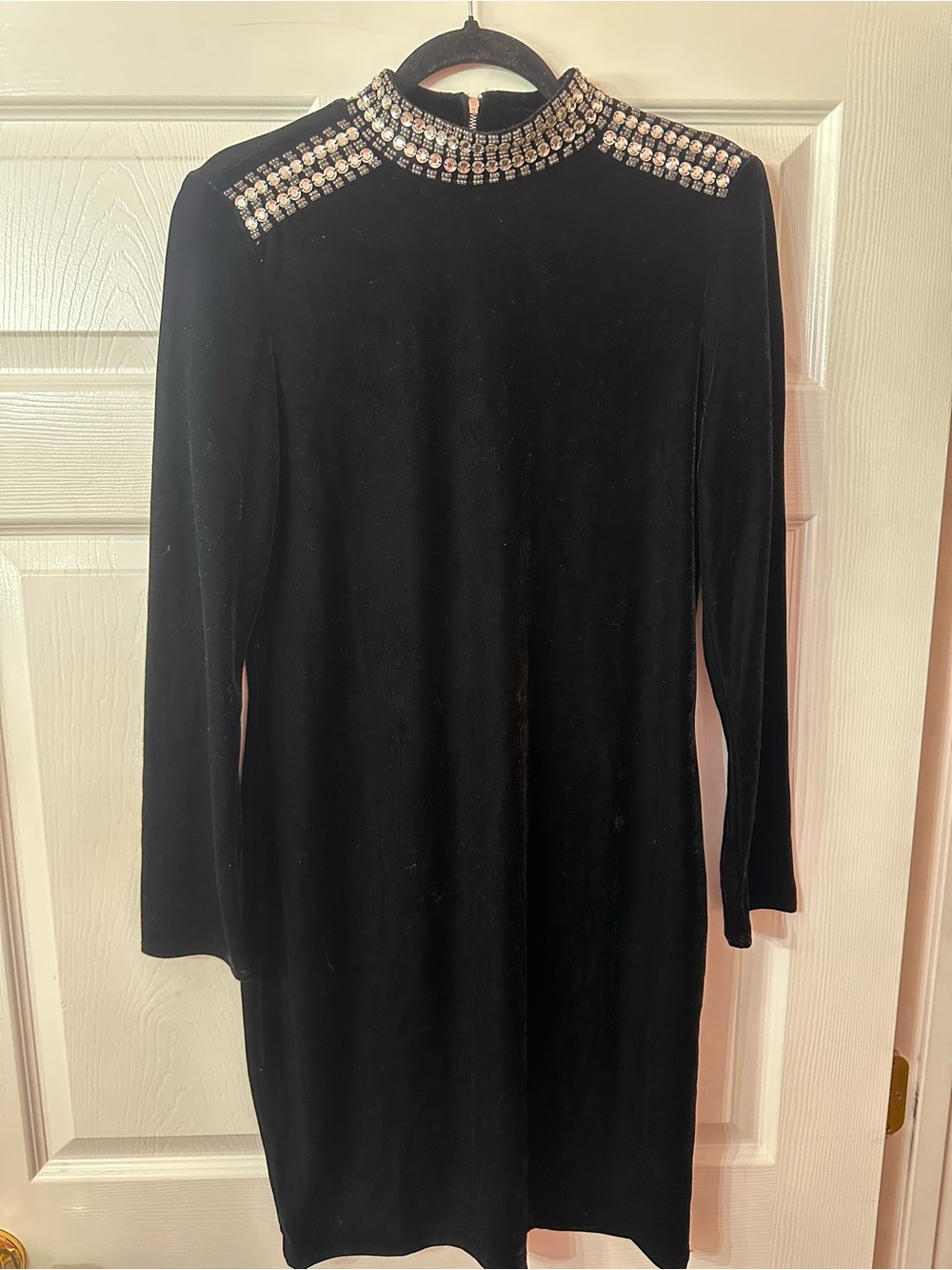 Elie Tahari Black Velvet Long-Sleeve Jeweled-Neck Dress
